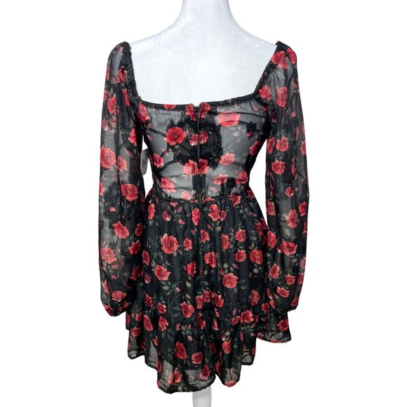 Altard State Floral Puff Long-Sleeve Mini Dress XS Black & Red - Picture 14 of 14